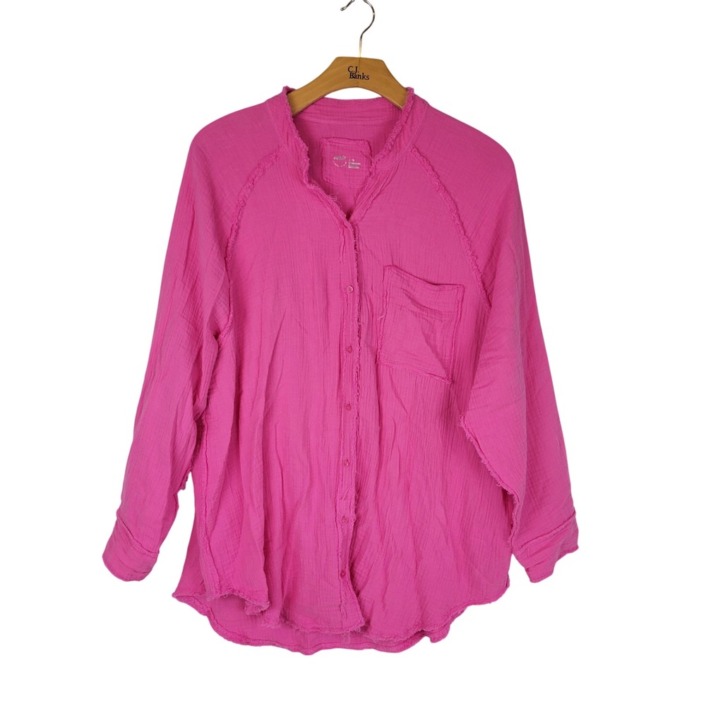 Aerie Gauzy Cotton Oversized Button Down Shirt Hot Pink Size Extra Large